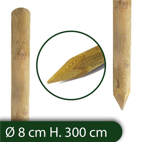 Pali in legno Ø CM 8 altezza CM 300 H tondi CON PUNTA trattati impregnati per recinzione staccionata/steccato Palo Tondo