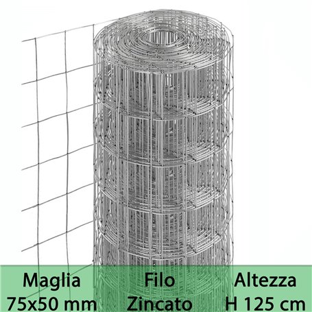 1PZ RETE PER RECINZIONE ZINCATA | ALTEZZA H 125 CM | MAGLIA ELETTROSALDATA 75X50 MM | FILO Ø 1,7 MM | LUGHEZZA ROTOLO DA 25 MT P